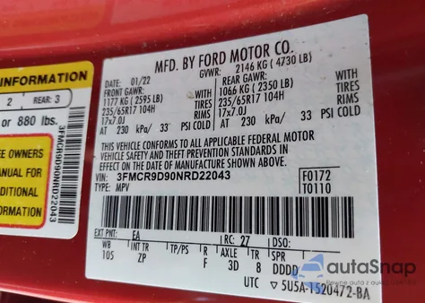 2022 Ford Bronco Sport Badlands z USA, uszkodzony, nr VIN 3FMCR9D90NRD22043